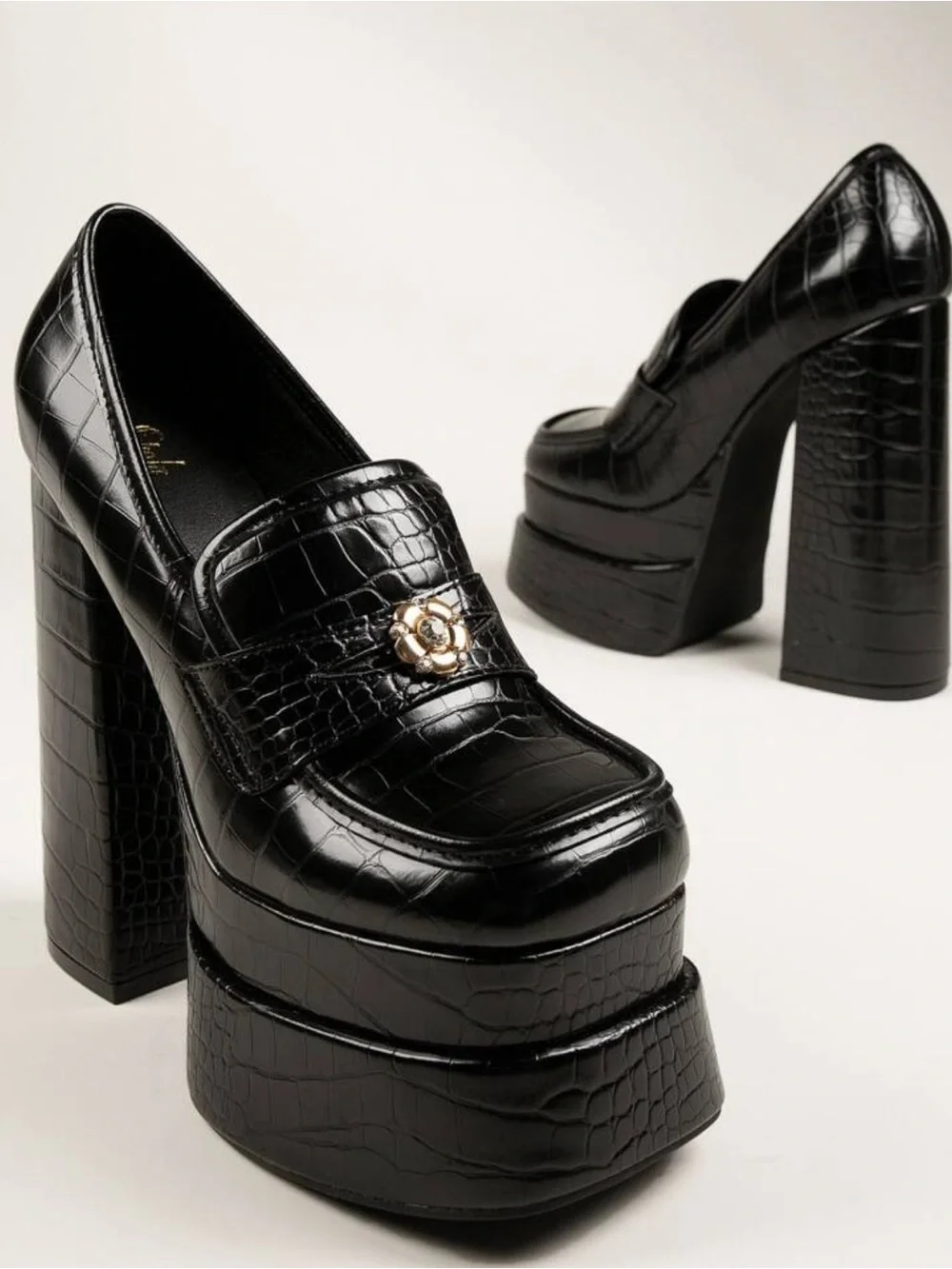Platform Croc-Embossed Loafer Heels - Black